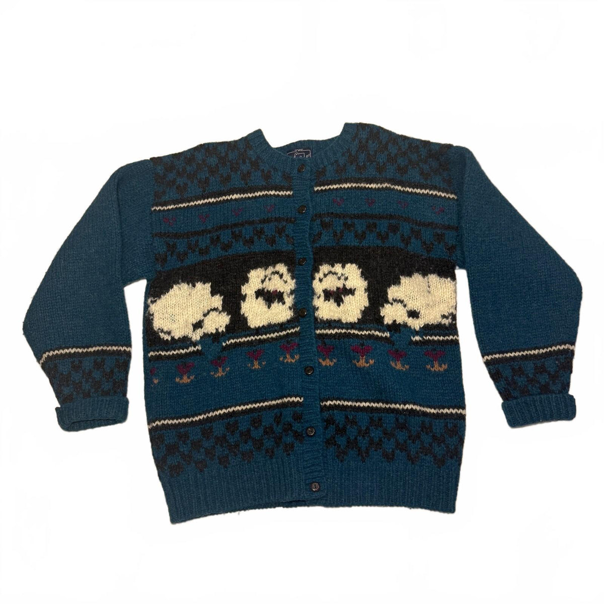Vintage Woolrich Woman 100% Wool Blue Cardigan Sheep Detail