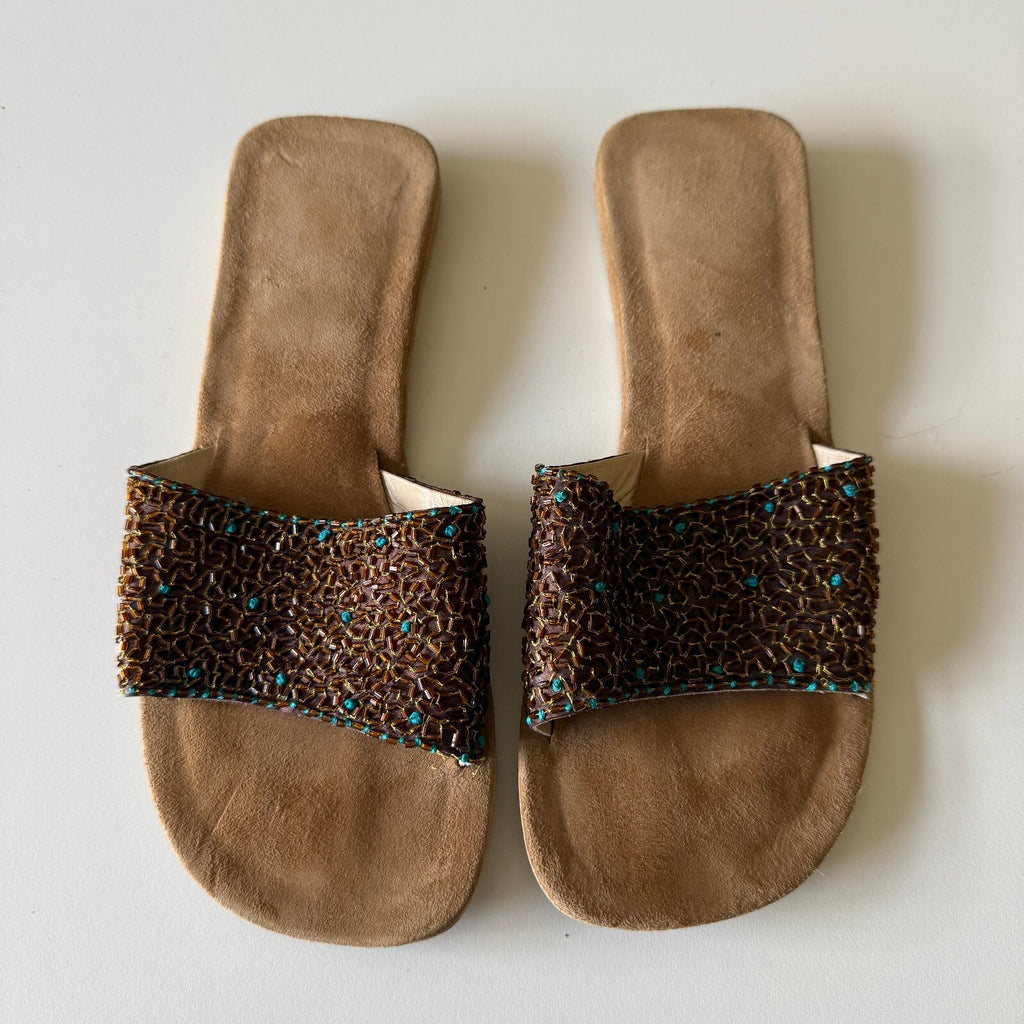Beaded Slide Sandals Brown Turquoise Boho Vacation Made in India Flat Sz 7/36