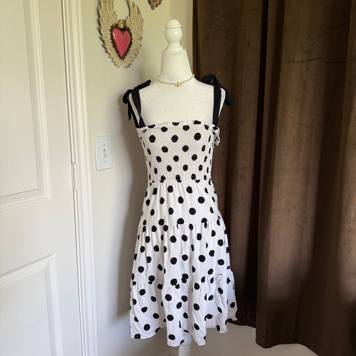 thriftalina Monteau LA Polka Dot Tiered Babydoll Dress Tie Shoulder Cottagecore Sz XS