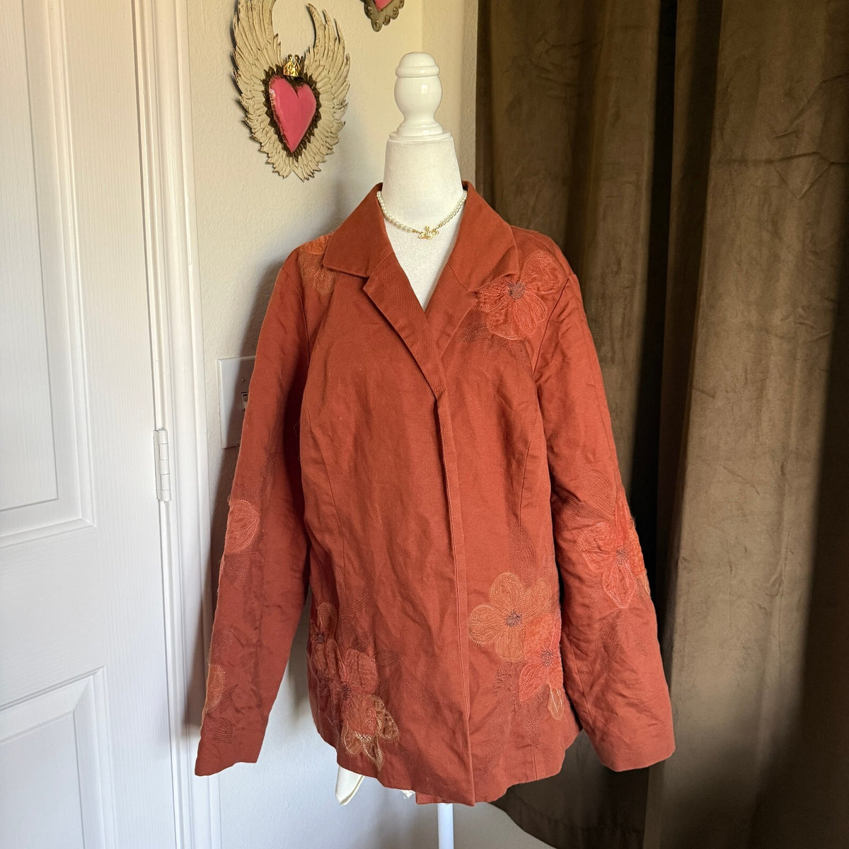 Studio by Liz Claiborne Rust Linen Fall Blazer Floral Embroidered Sz 18W Plus