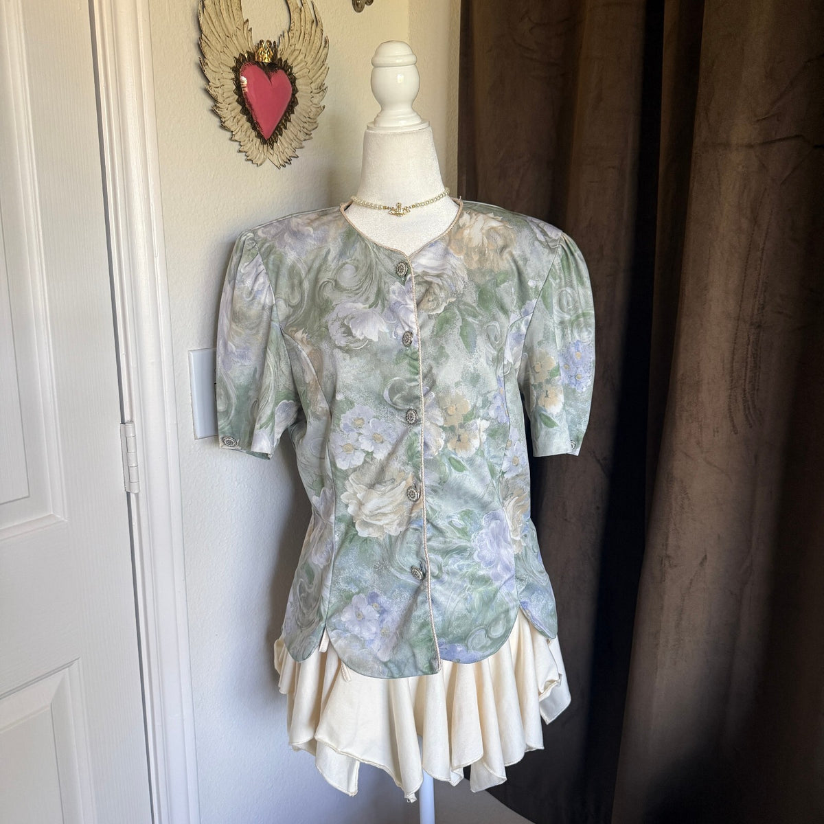 Vintage 1980's Watercolor Floral Scalloped Blouse Shoulder Pads Cottagecore
