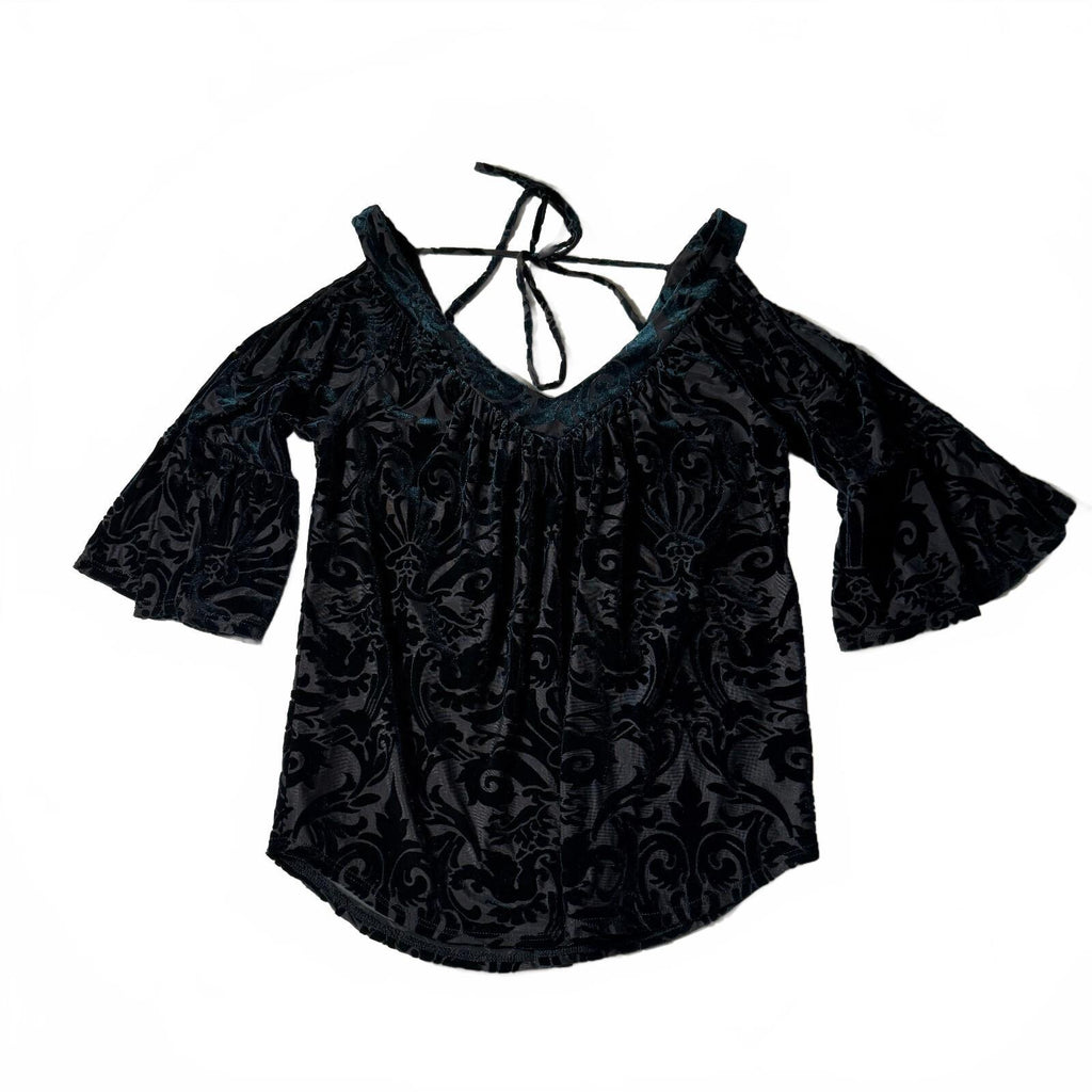 Always Indigo Sz S Whimsical Emerald Black Burnout Velvet Cold Shoulder Blouse