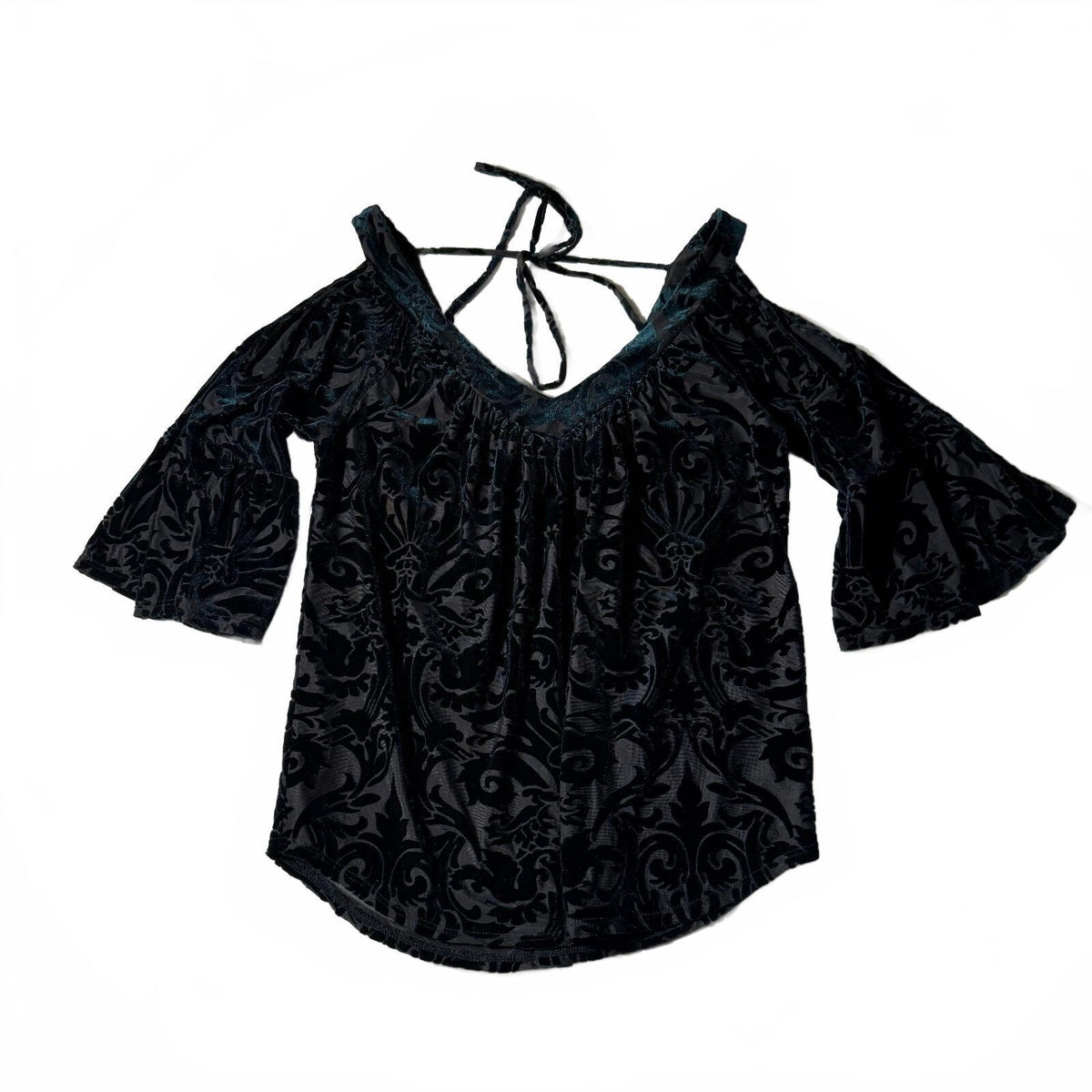 Always Indigo Sz S Whimsical Emerald Black Burnout Velvet Cold Shoulder Blouse