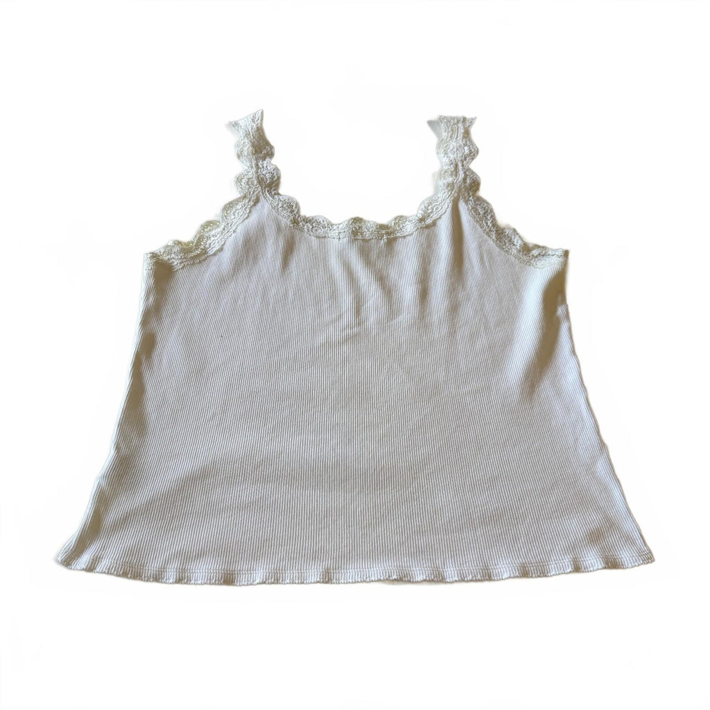 Sigrid Olsen Bella Swan Lace Trim Girly Ribbed Knit Cotton Lace Trim Tank Top XL