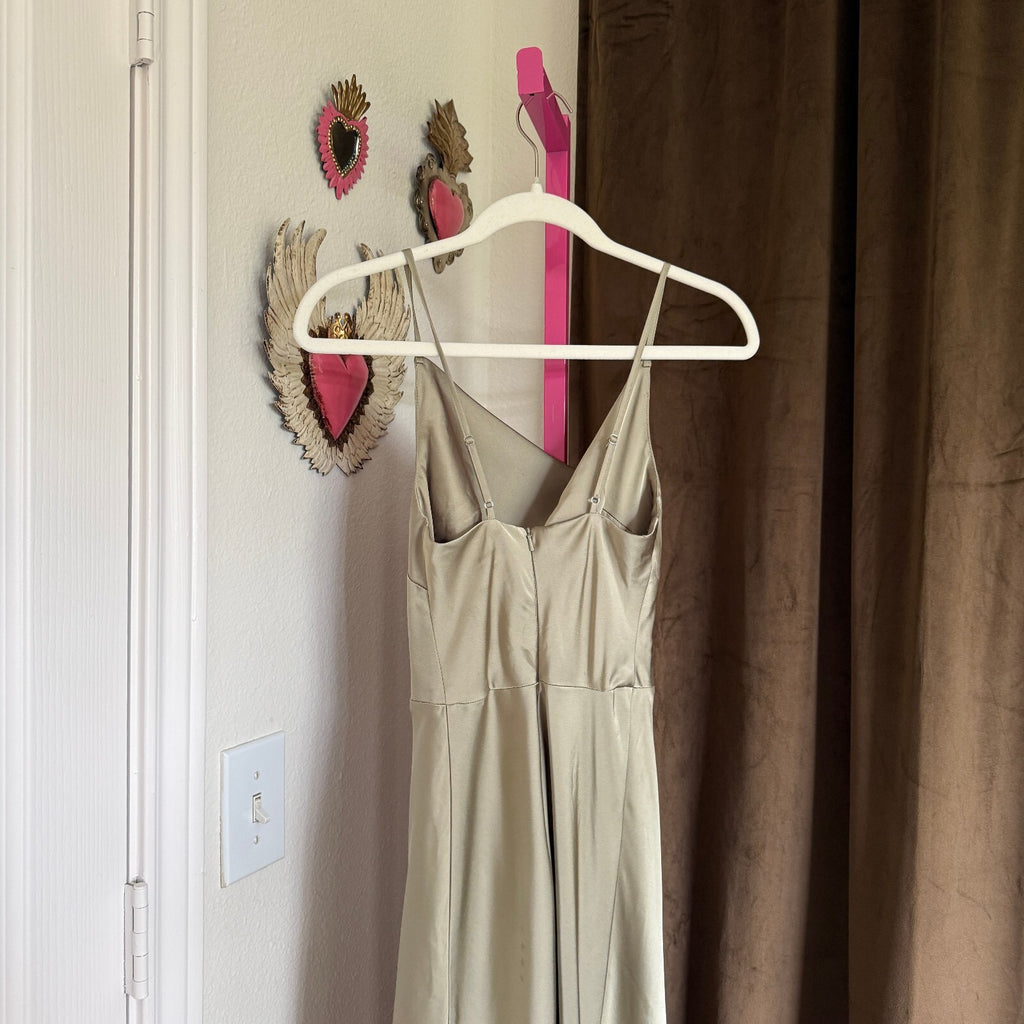Birdy Grey Sage Green Satin Cowl Neck Slit Maxi Dress Lisa Shiny Bridesmaid XS