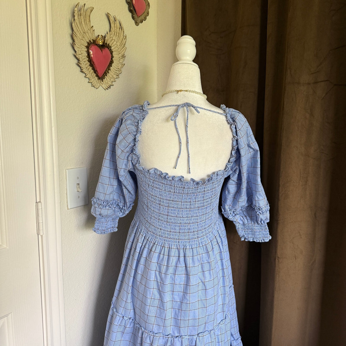 Hill House Home Blue Plaid Cottagecore Nap Dress Puff Sleeve Maxi Size Large