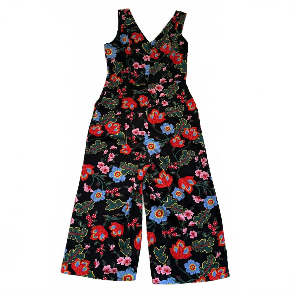 Ann Taylor Factory Floral Wide Leg Jumpsuit Black Petite 4P Sleeveless