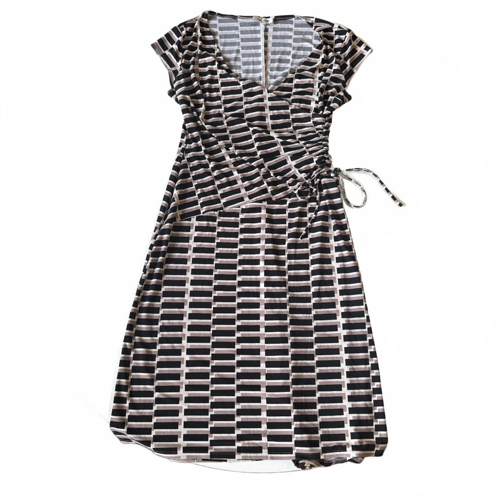 Jones Studio Women's Geometric Print Wrap Dress, Size 8, Black and Beige, V-Neck