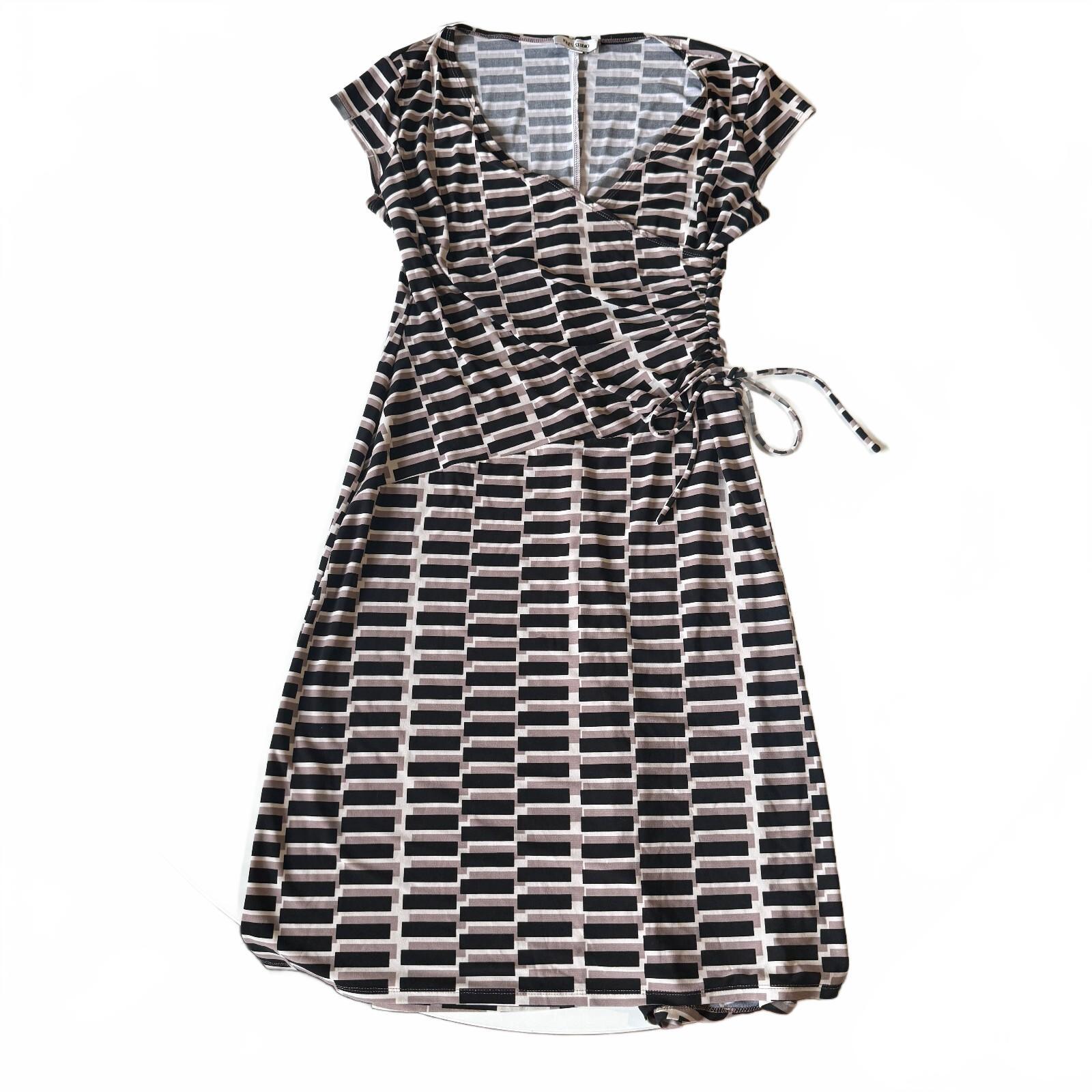 Jones Studio Women's Geometric Print Wrap Dress, Size 8, Black and Beige, V-Neck