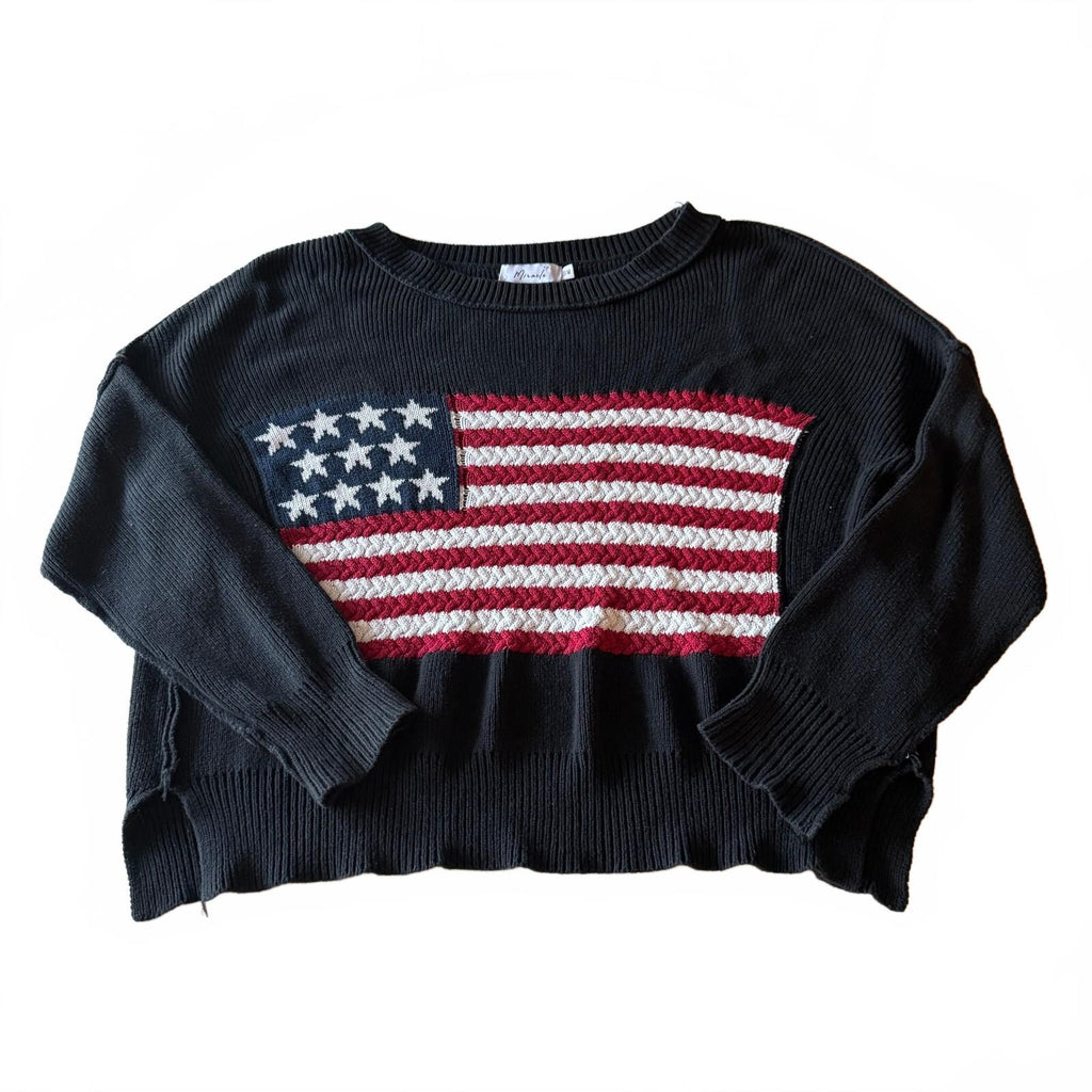 Miracle Black American Flag Knit Sweater Slouchy Cozy Sz S/M Americana Preppy