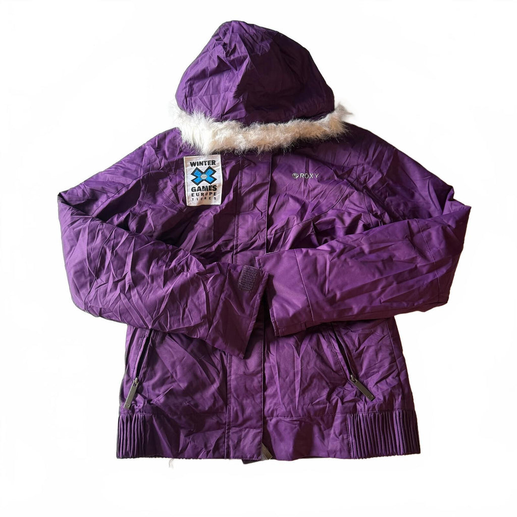 Roxy Purple 5K Faux Fur Hood Ski Jacket Winter X Games Tignes Patch Sz Medium