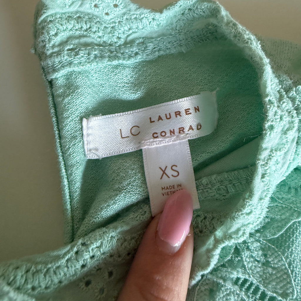 LC Lauren Conrad Coquette Mermaid Boho Mint Green Lace Eyelet Detail Top Size XS