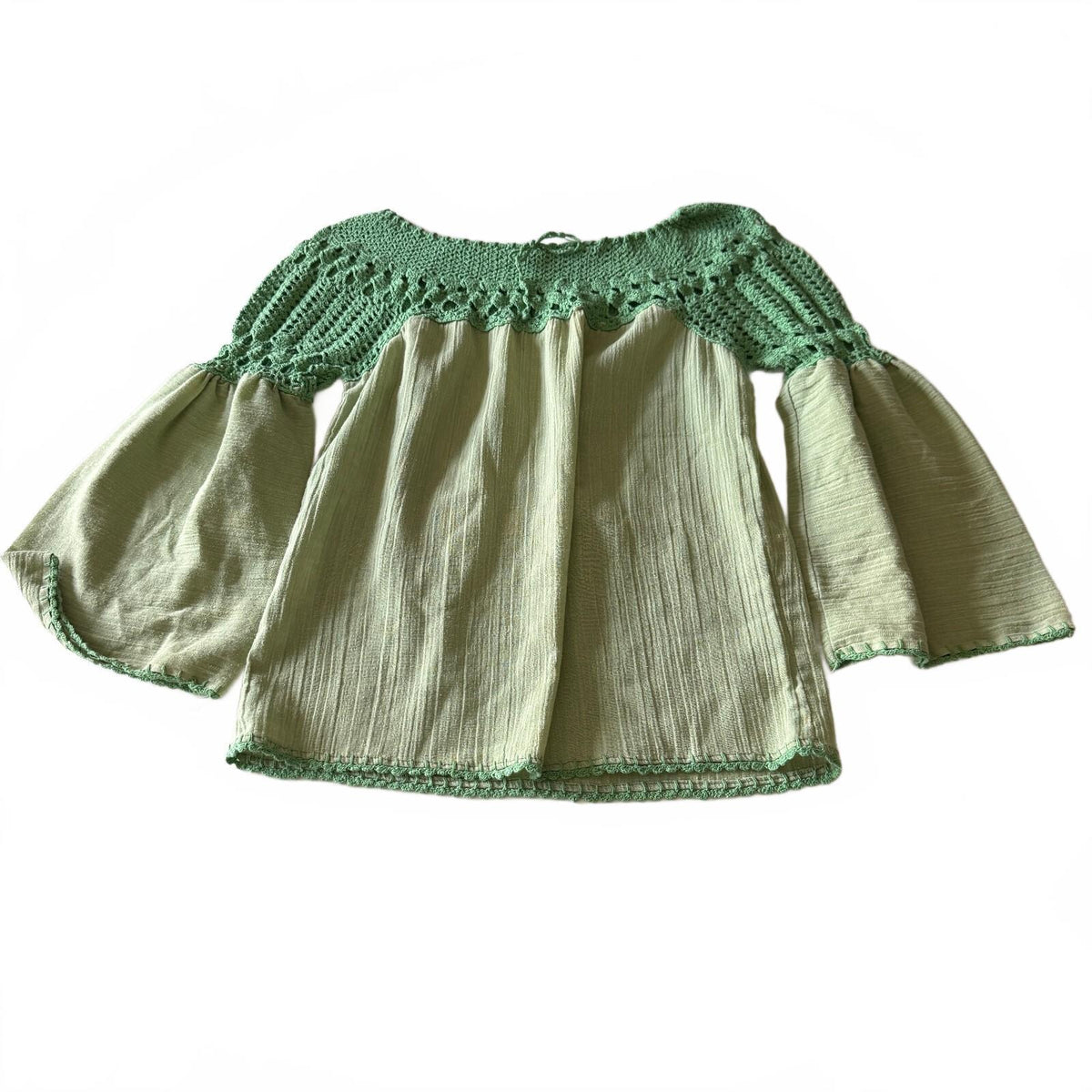 Sage Green Crochet Yoke Boho Peasant Top Cottagecore Fairycore Bell Sleeve