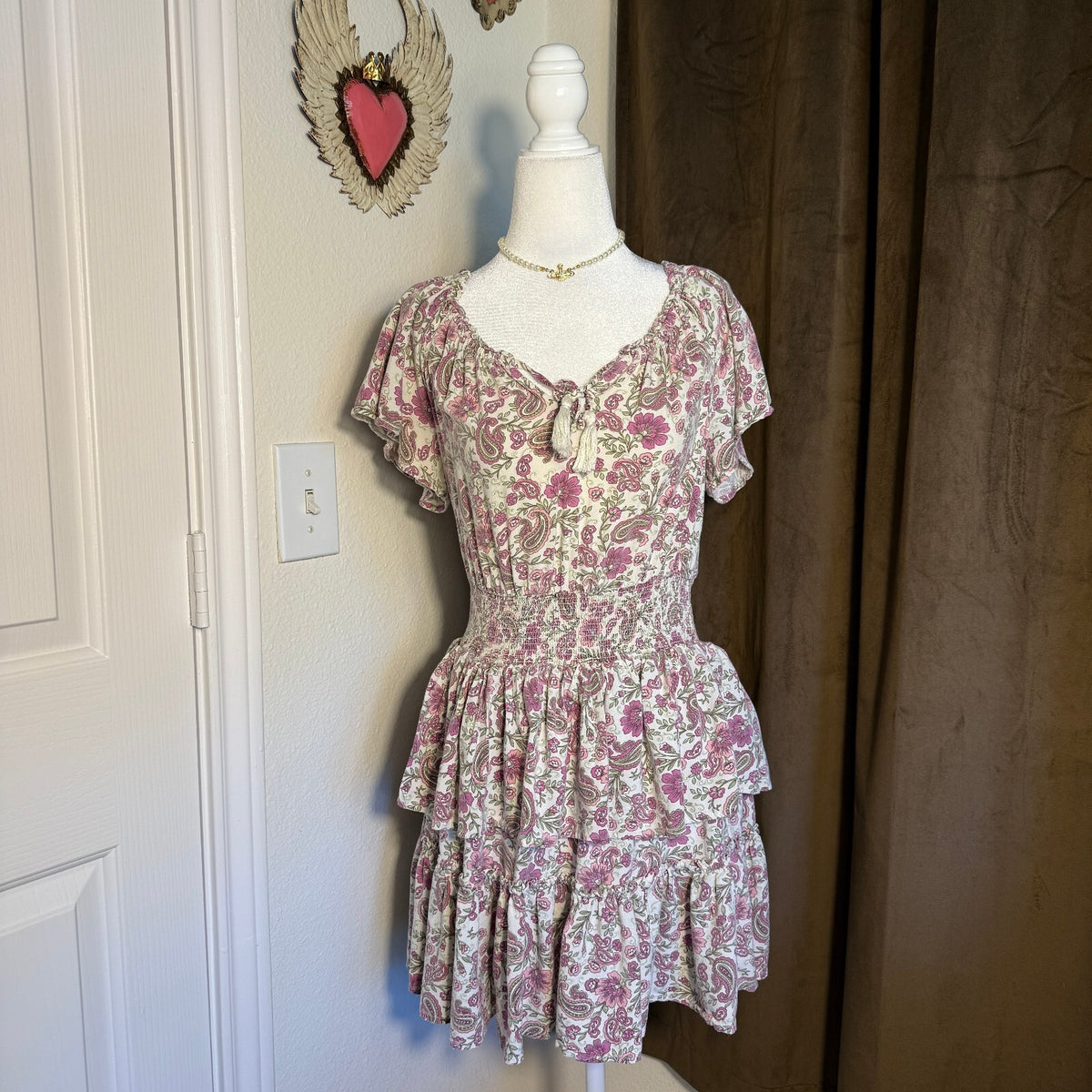 thriftalina Patrons of Peace Boho Floral Smocked Tiered Peplum Mini Dress Cottagecore