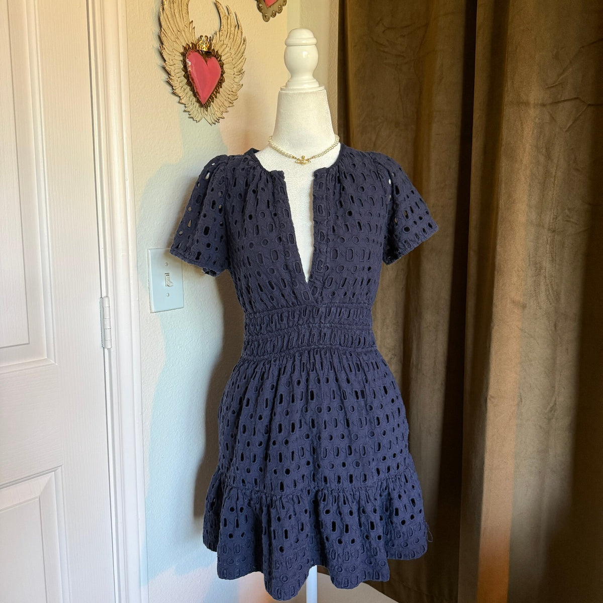 Anthropologie Navy Blue Eyelet Short Sleeve Dress Quiet Luxury Back to School