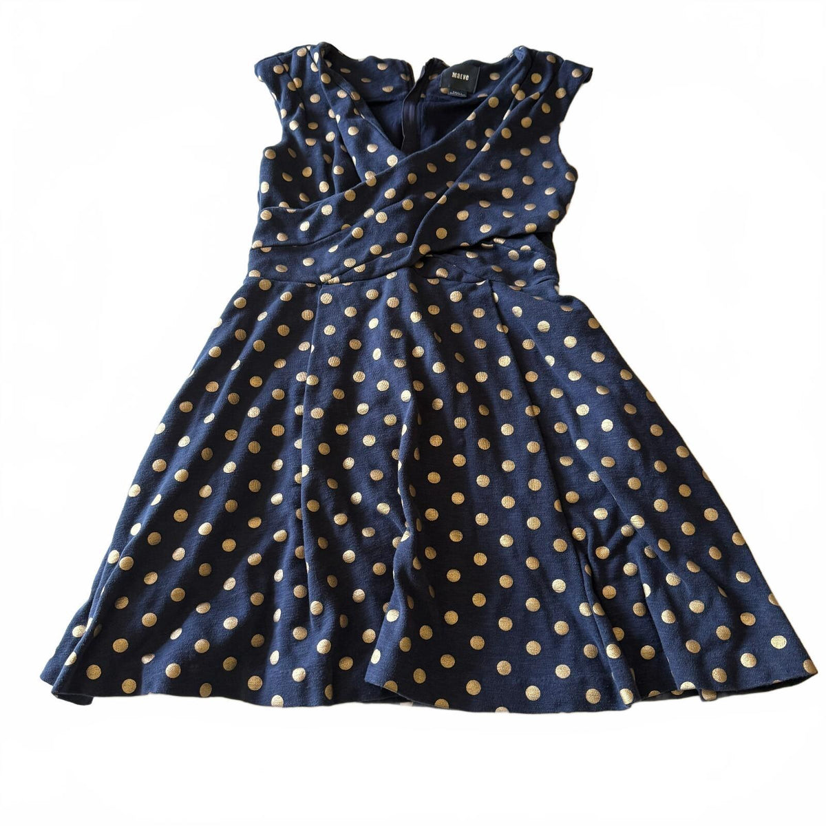 Maeve Anthropologie Navy Gold Polka Dot Fit Flare Dress Twee Balletcore Sz Small