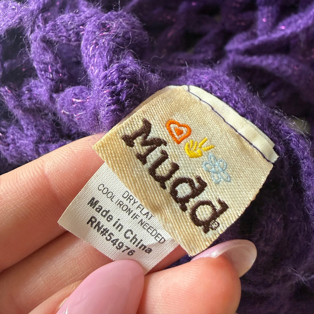 Mudd Y2K Purple Crochet Fringe Poncho Scarf Boho Witch Festival Sparkle Cover Up