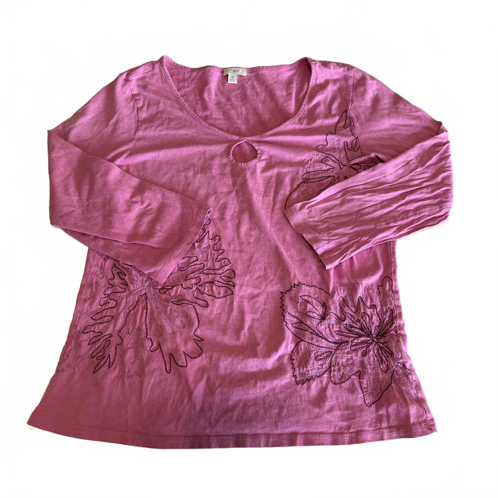 J. Jill Women's Medium Pink Long Sleeve Cotton Top with Floral Embroidery