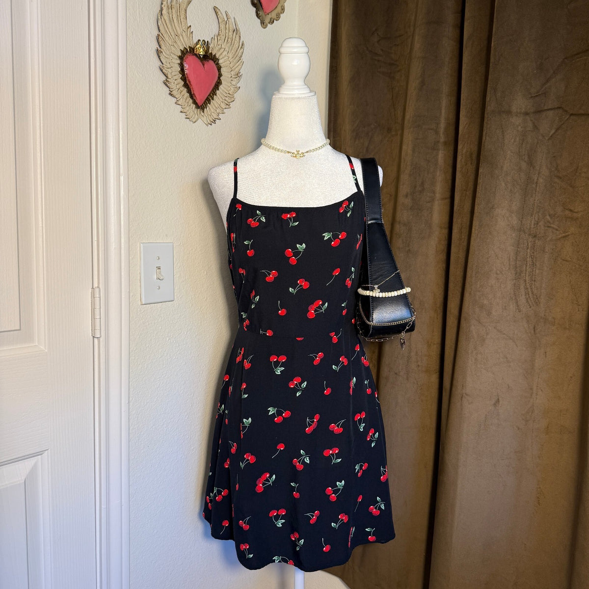 H&M Black Cherry Print Mini Dress Cami Strap Fit Flare Coquette Pinup Style Sz M