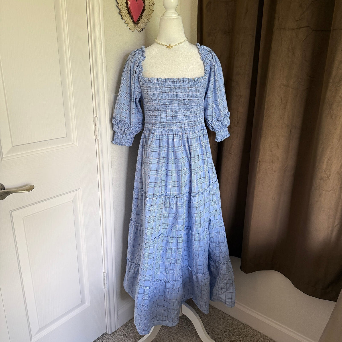 Hill House Home Blue Plaid Cottagecore Nap Dress Puff Sleeve Maxi Size Large