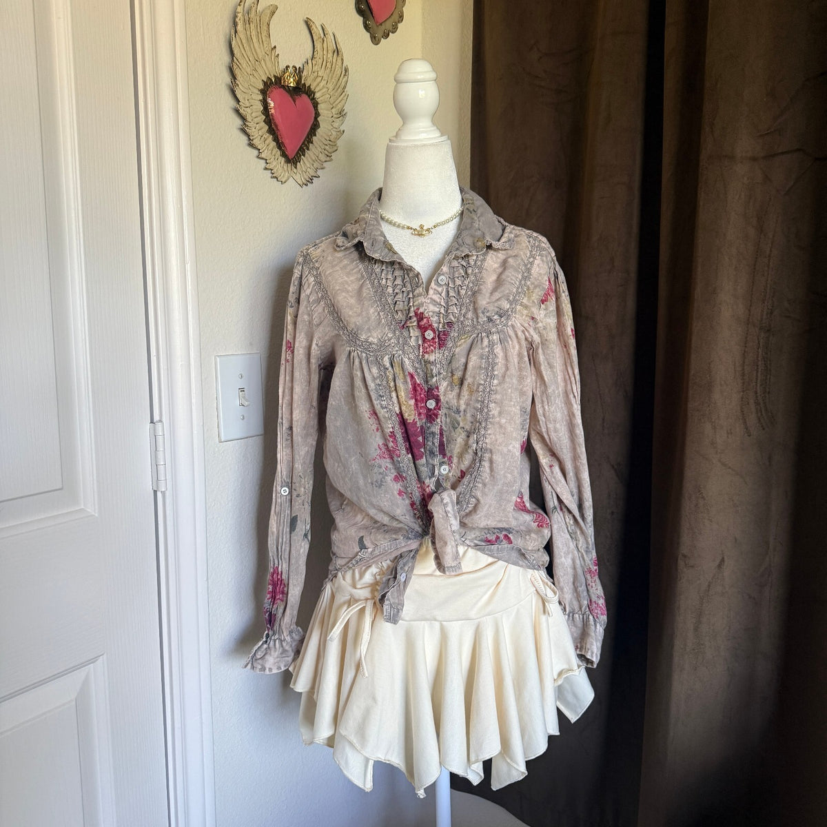 Vintage Goa Sz Small Mineral Wash Floral Crochet Trim Boho Fairycore Button-Down