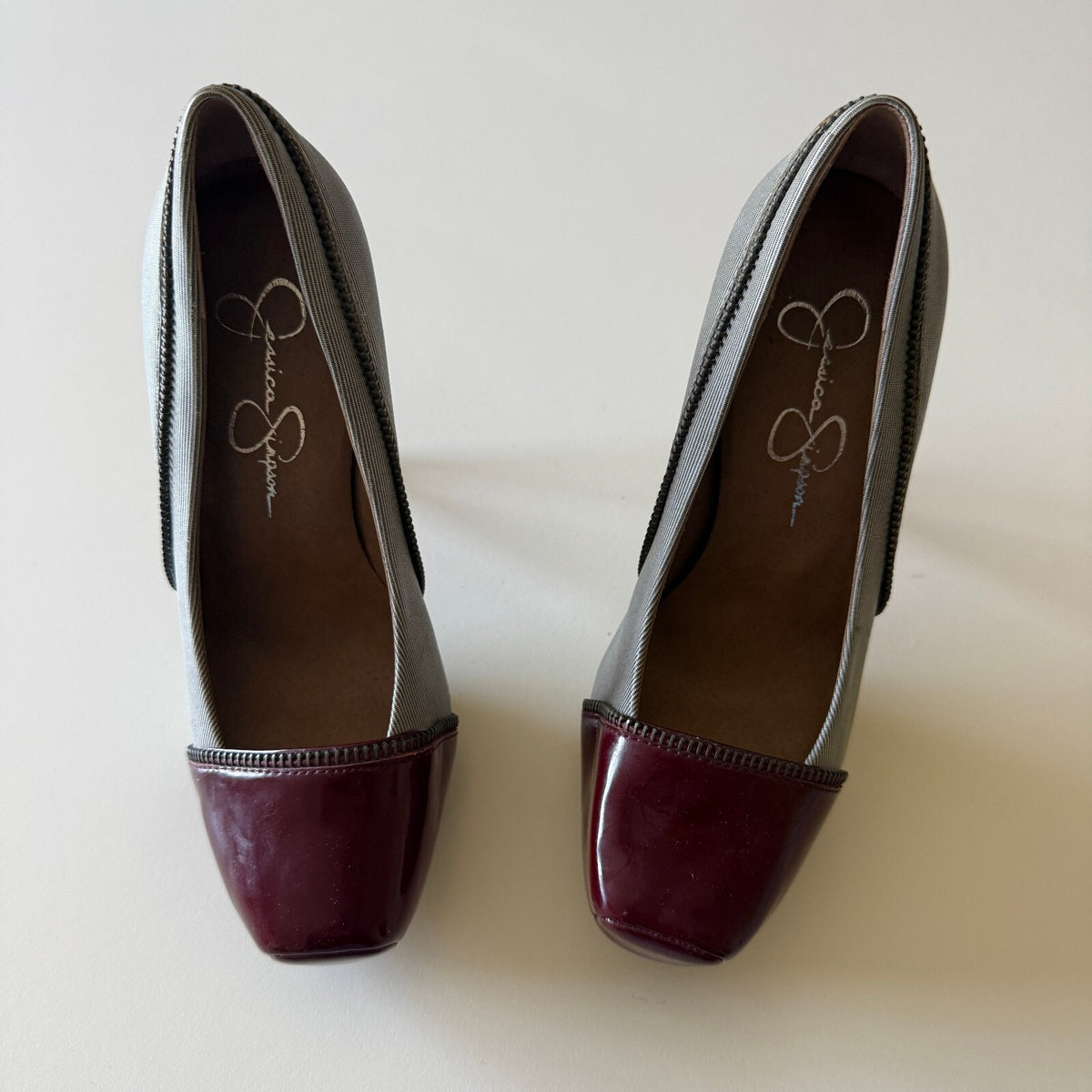 Jessica Simpson Platform Pumps Grey Burgundy Colorblock Patent Toe Heels Sz 6