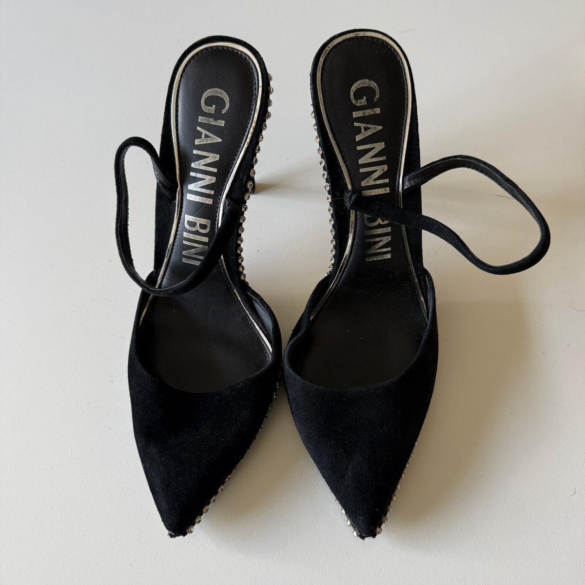Gianni Bini Black Suede Rhinestone Trim Slingback Pointed Heels Sz 10
