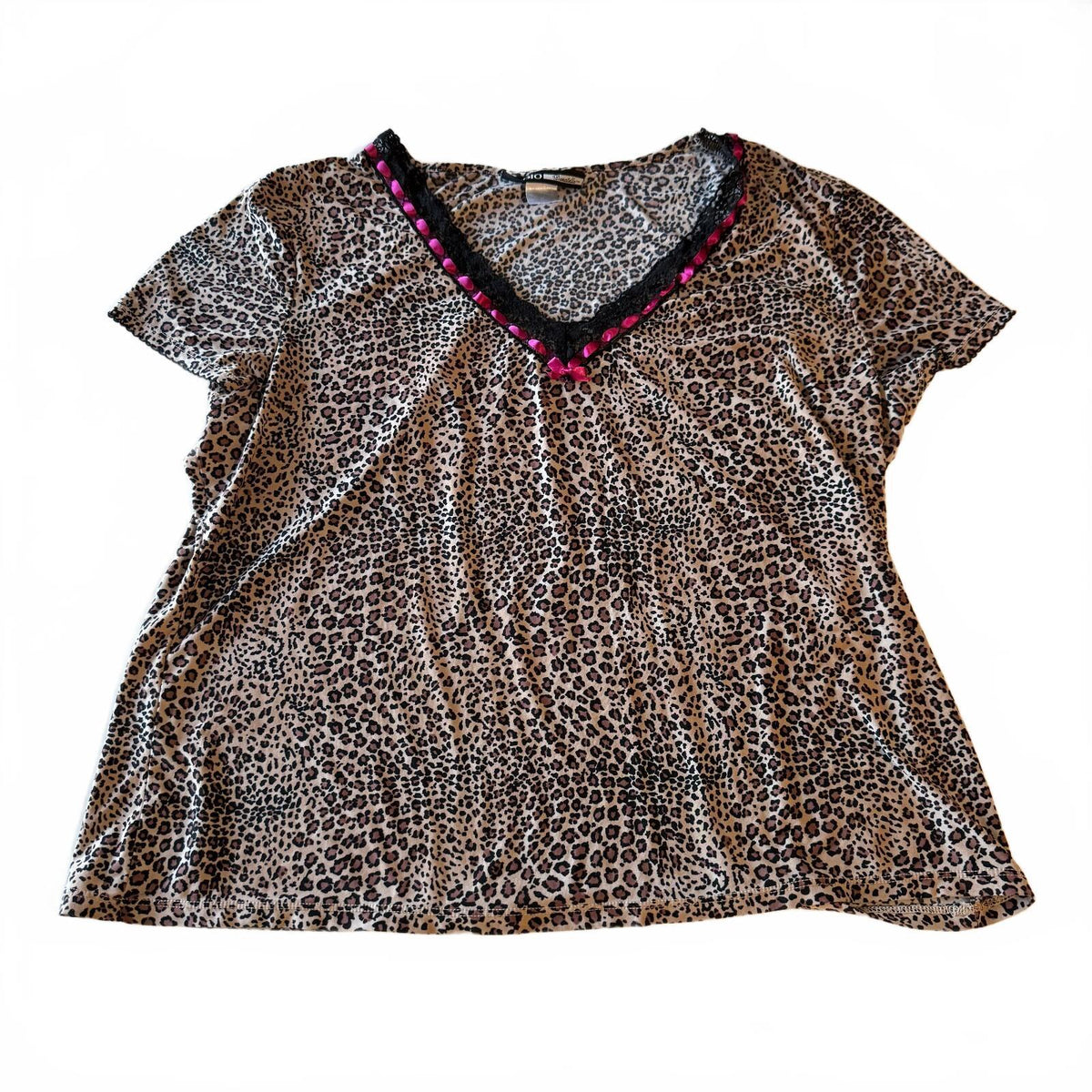 Studio Donatella Leopard Print Pink Lace Trim Top V-Neck Bow Coquette Sz Large
