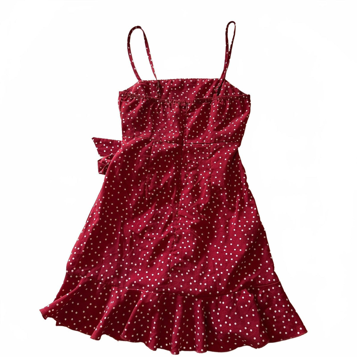 Princess Polly Red Polka Dot Frilly Ruffled Hem Wrap Detail Mini Dress Size 8