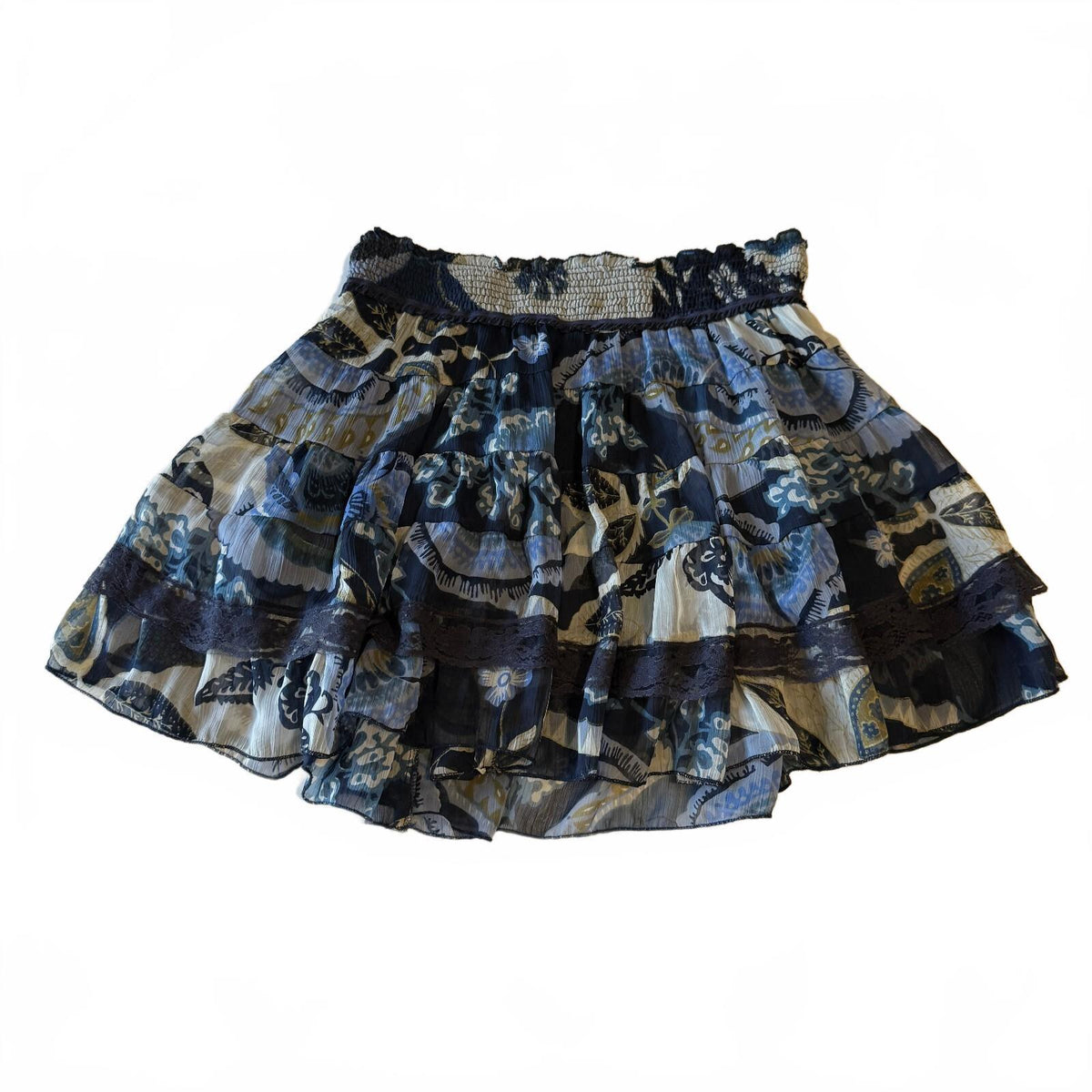 Magazine Blue Paisley Floral Tiered Mini Skirt Lace Trim Boho Scandi Style Sz S