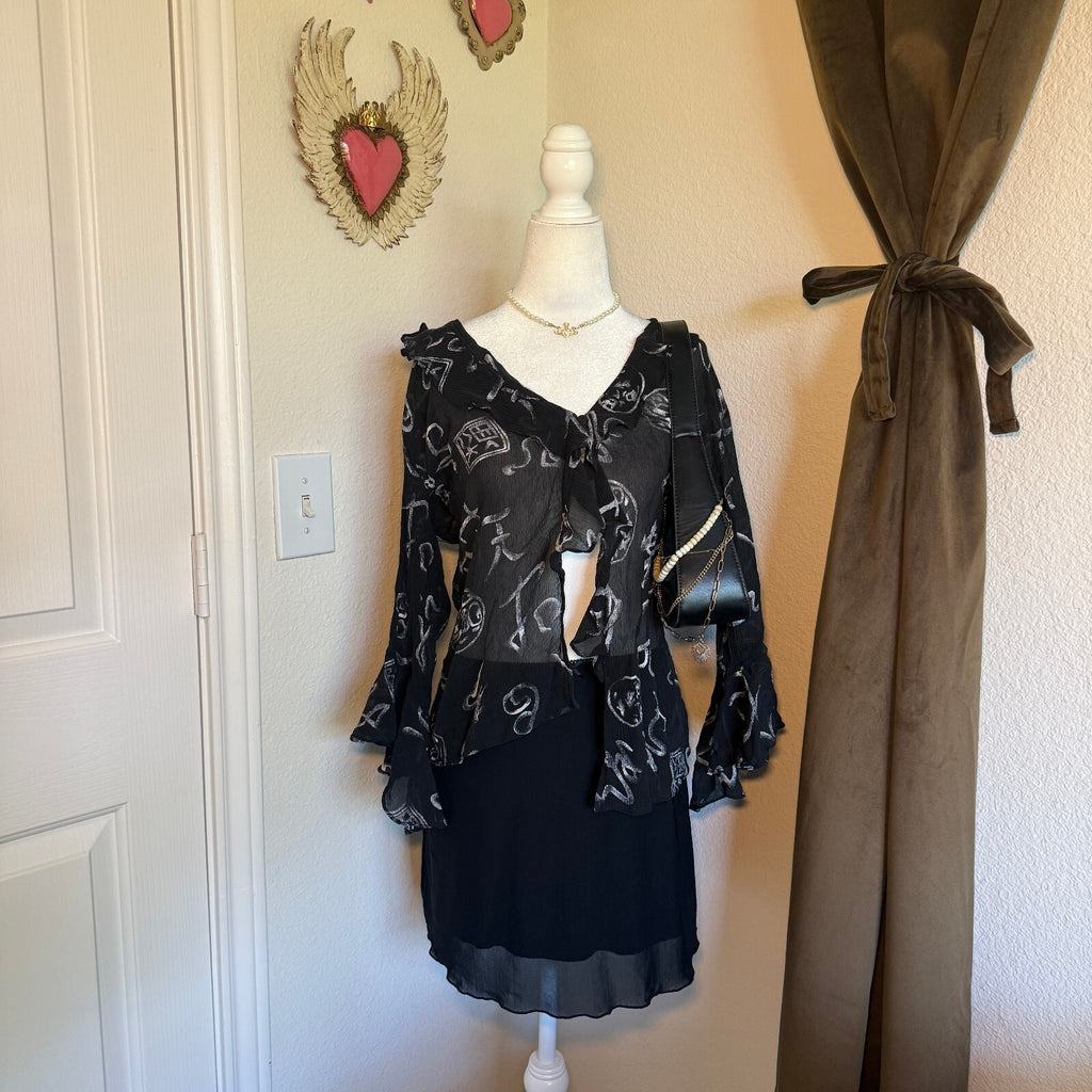 Vintage 1990s Silk Button-Up Frilly Ruffled Blouse Abstract Print Chico's