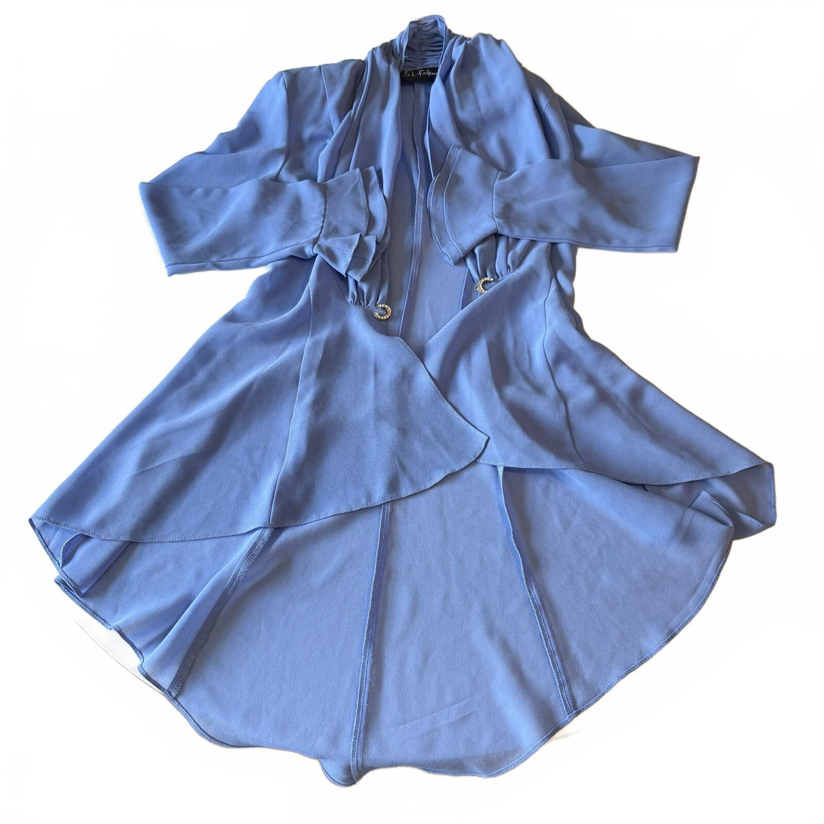S.L. Fashions Periwinkle Chiffon Waterfall Jacket Rhinestone Ruffle Blingy Sheer