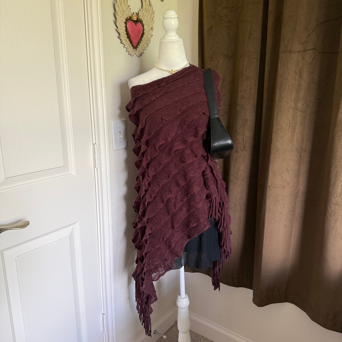 Max Edition Y2K Plum Ruffle Knit Fringe Asymmetrical Poncho Shawl Boho OS