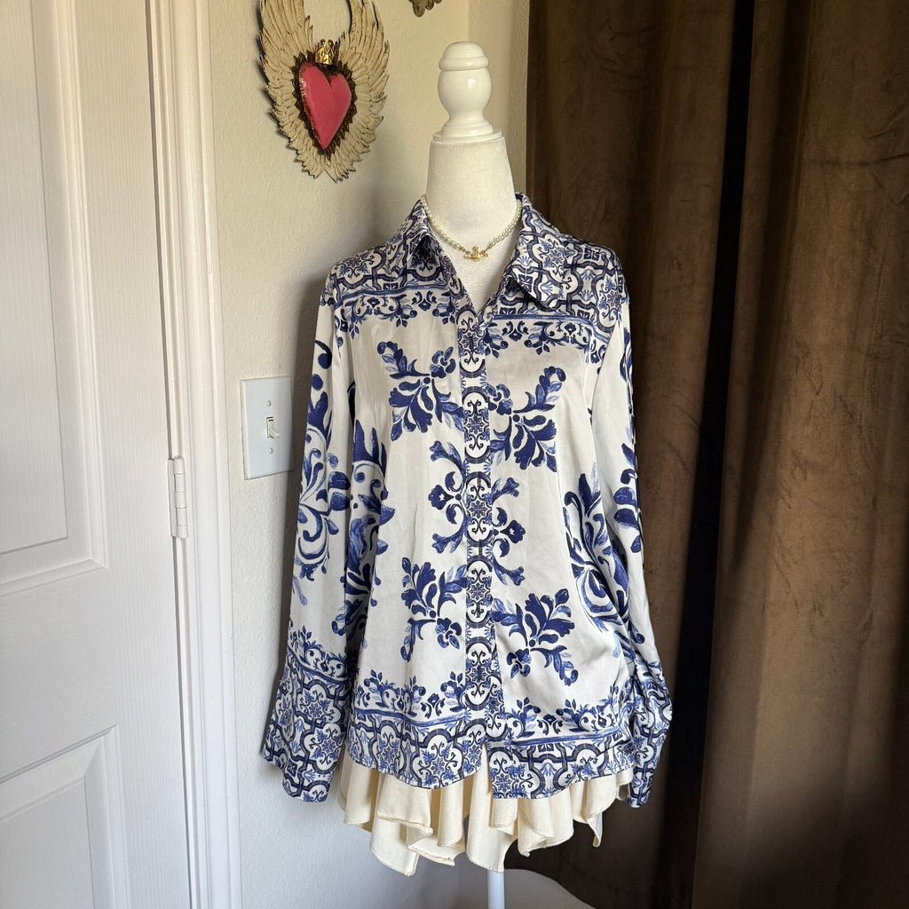 Rachel Zoe Floral Printed Satin Button-Down Quiet Luxury Vacation Resort Office