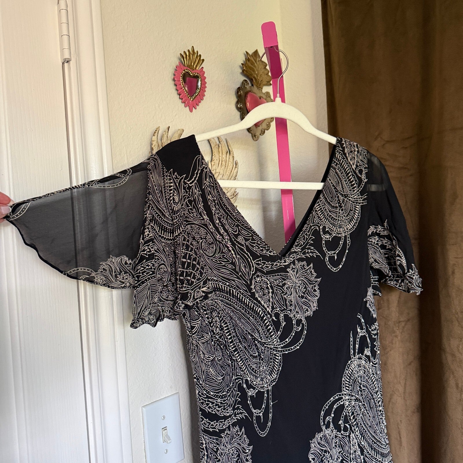 Eva Blue Fairy Beaded Black and White Floral Handkerchief Hem Dress Size 16