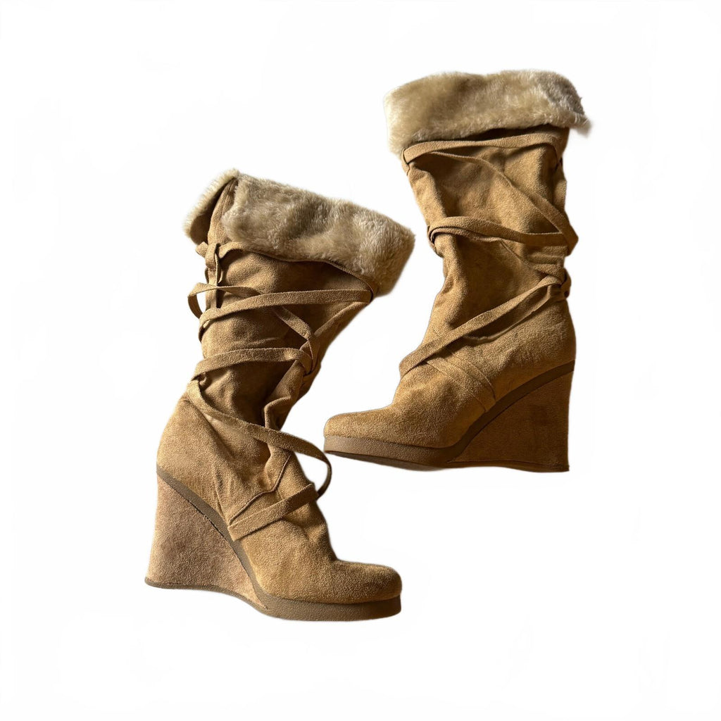Faux Fur Tan Suede Wrap Tie Wedge Boots Snow Bunny Y2K Boho Sz 9 Fall Winter