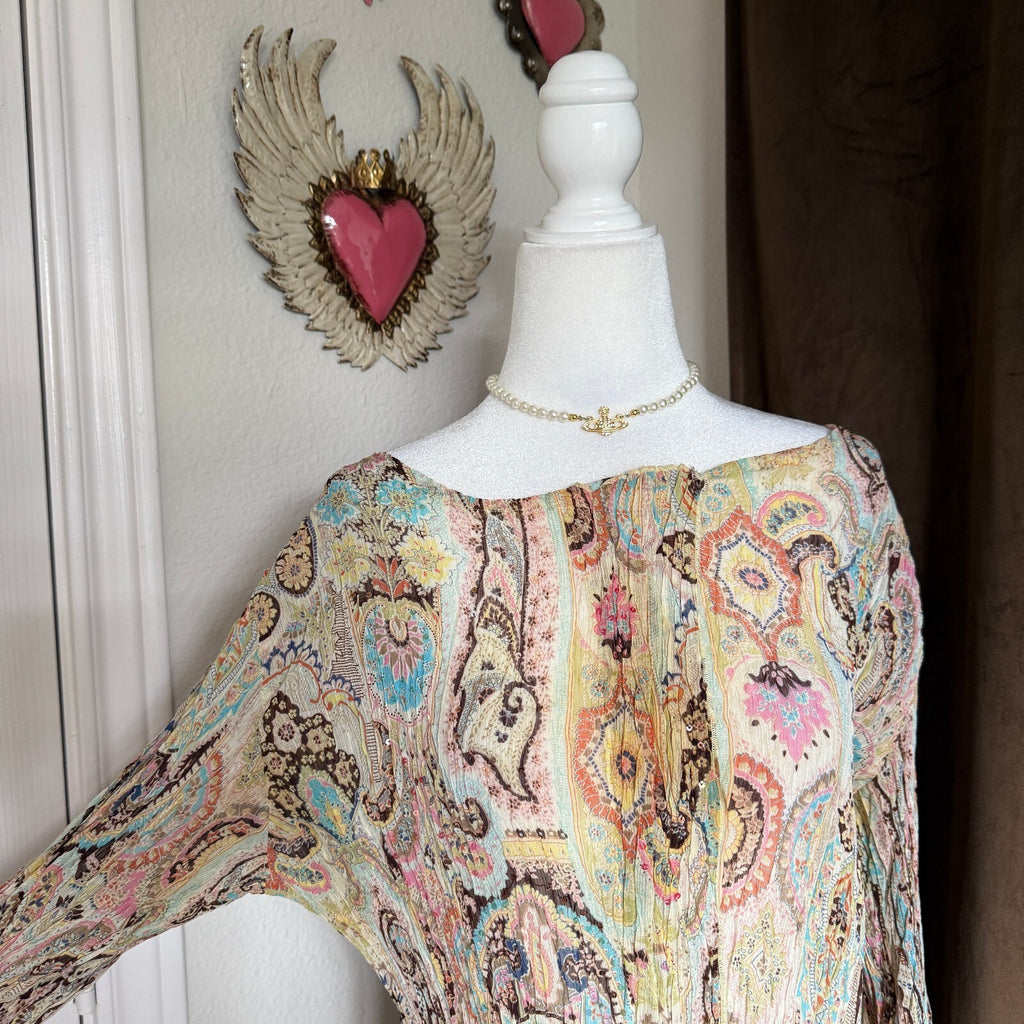 Alberto Makali Vintage-Inspired Long Sleeve Pleated Paisley Blouse in Pastel Mix