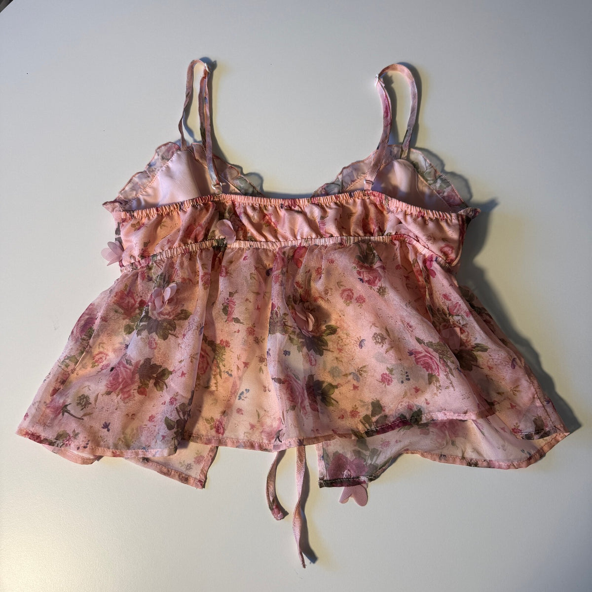 Y2K Sheer 3D Floral Chiffon Babydoll Cami Top Rose Print Fairycore Coquette