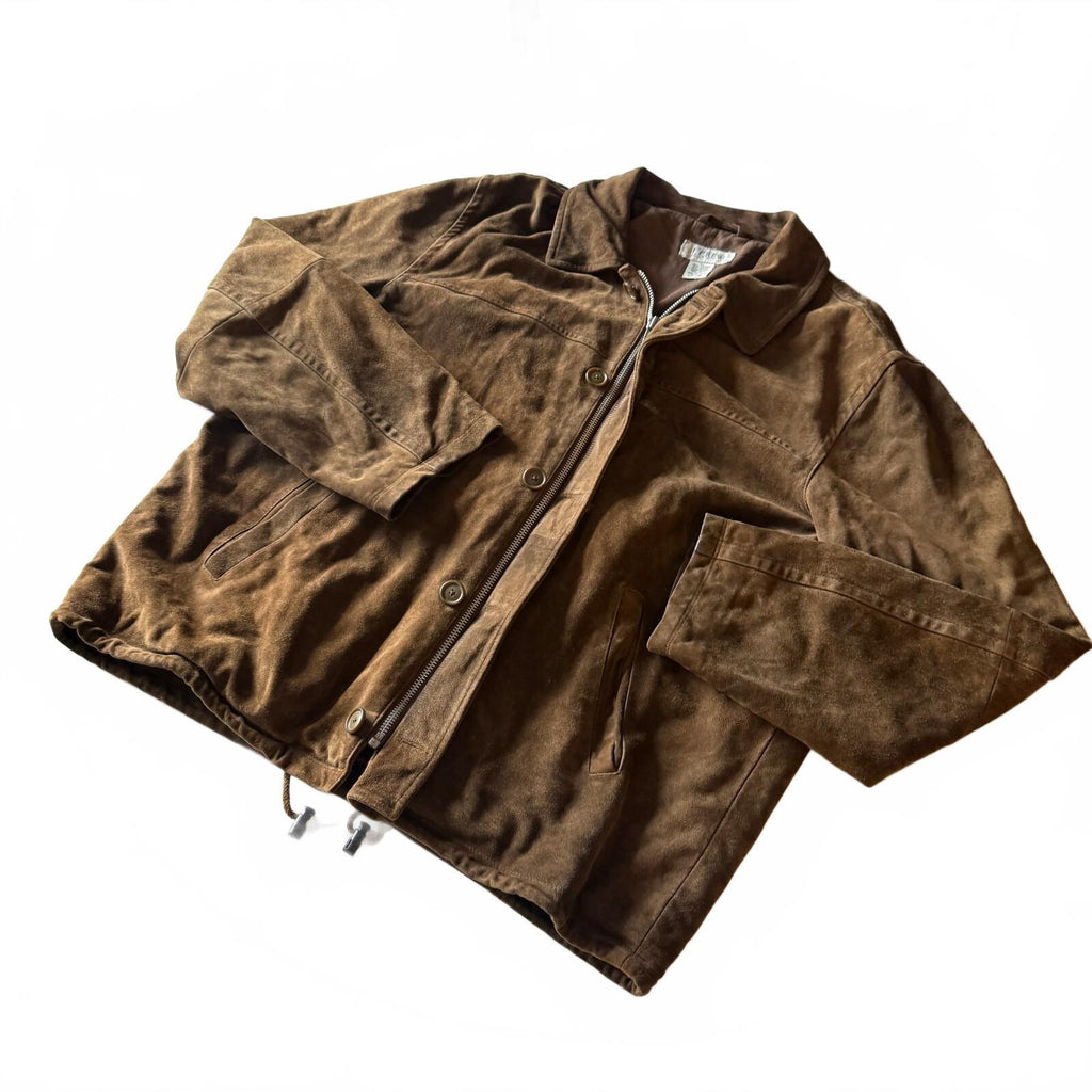 Vintage 1990's J. Crew Men's Suede Leather Jacket Zip Button Drawstring Sz XL