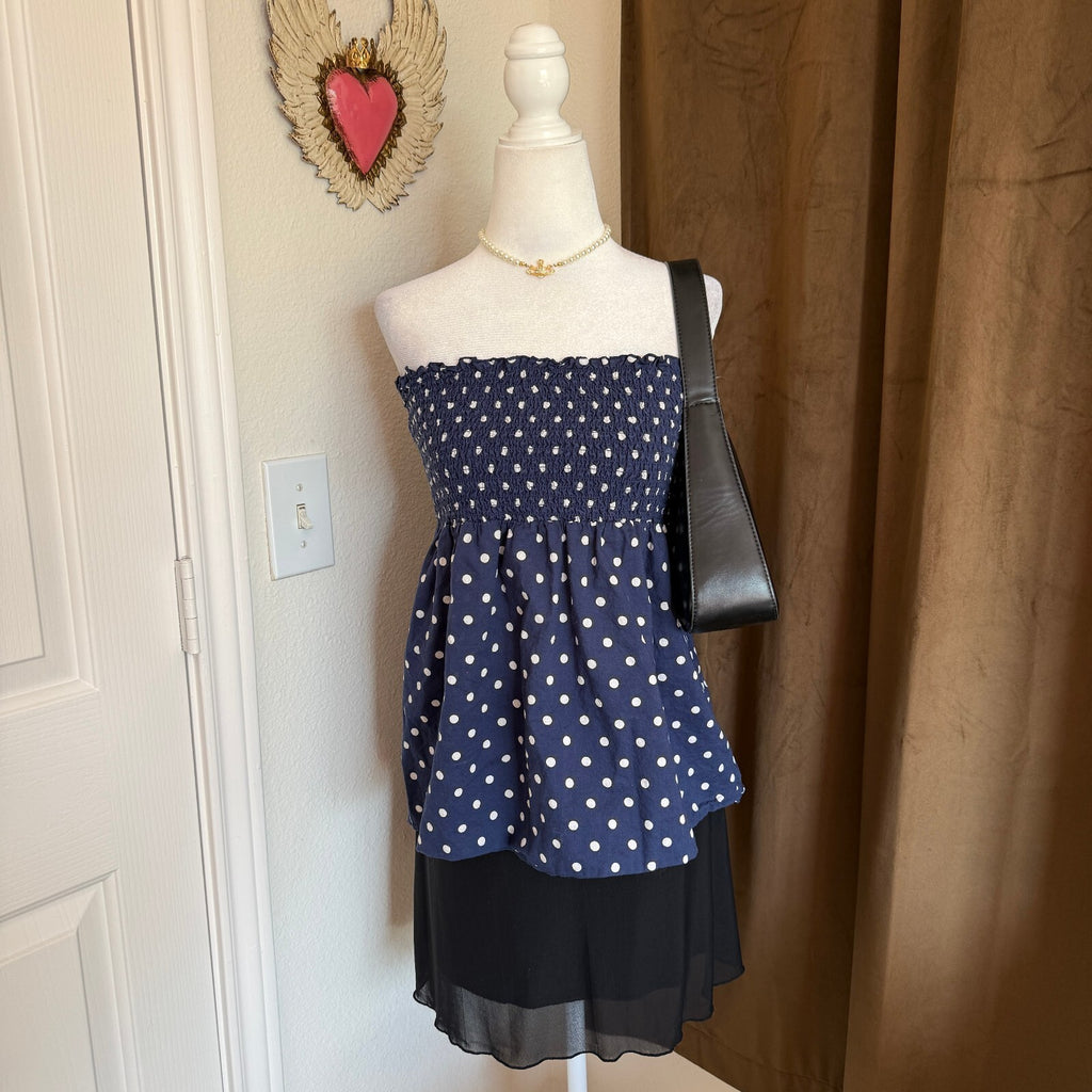 Calliope Navy Blue Polka Dot Strapless Smocked Top with Back Tie, Size Large