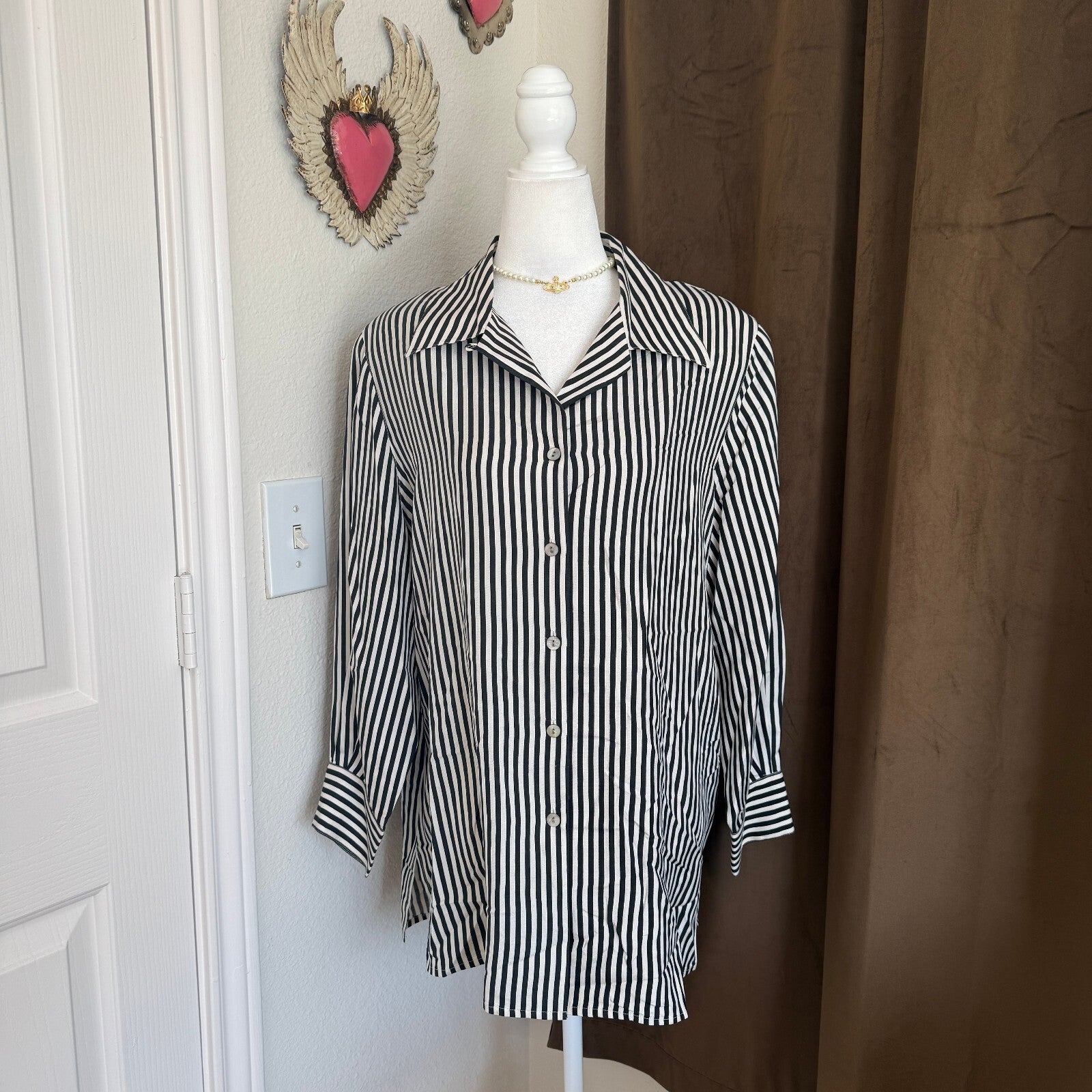 Valerie Stevens II Women's 18W Black and White Vertical Stripe Silk Blouse, Long