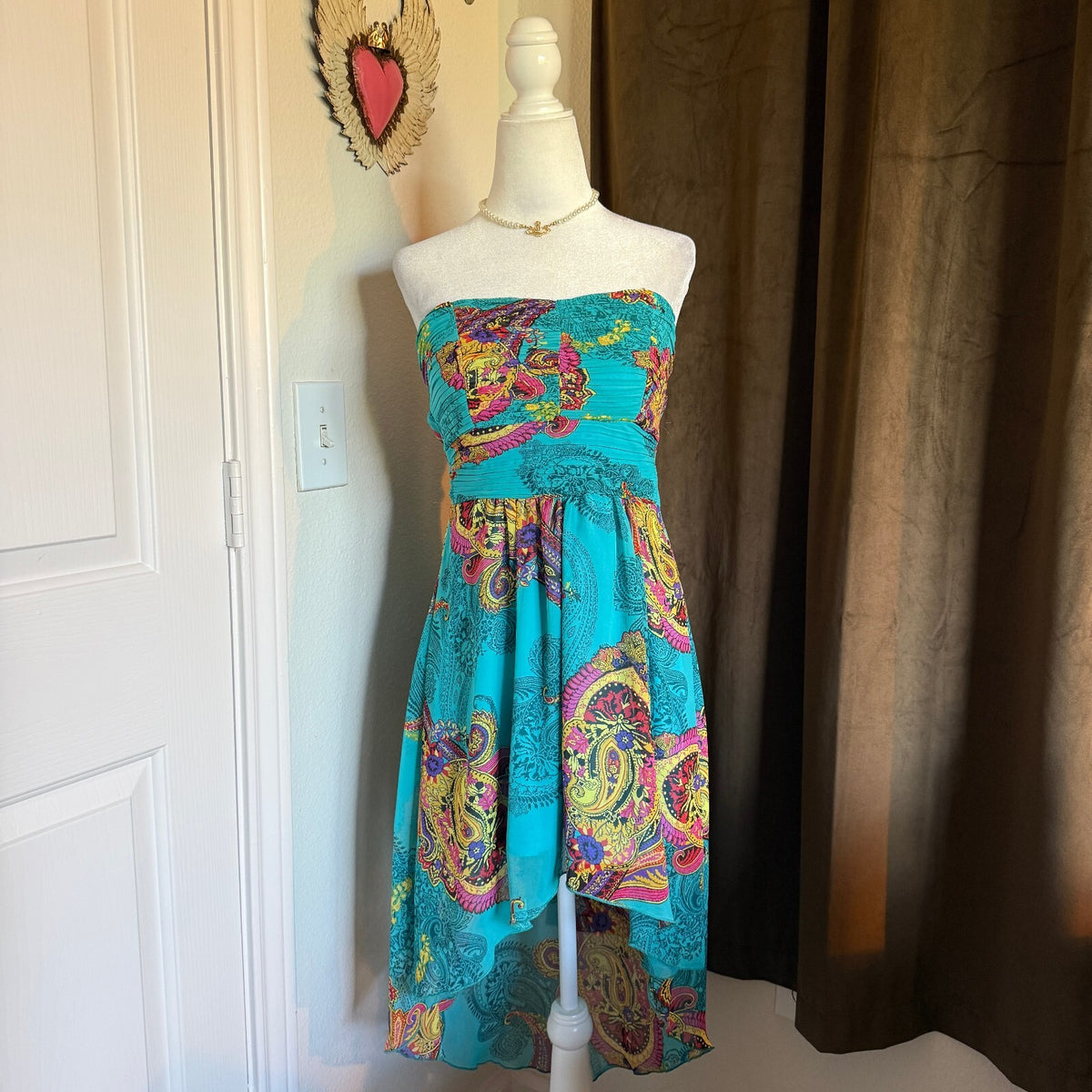 Marineblu Turquoise Paisley High/Low Strapless Dress Boho Smocked Floral Sz S
