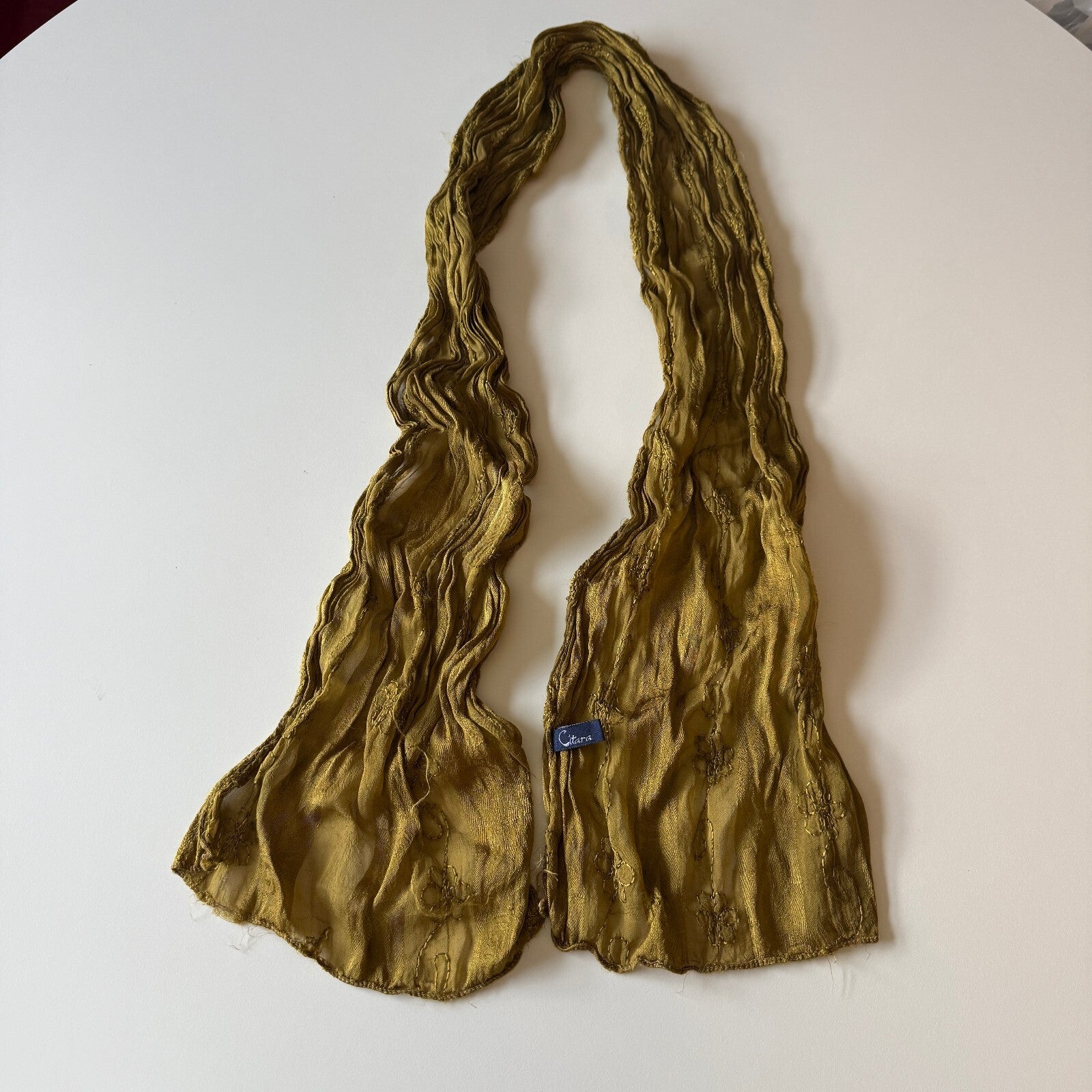 Citara Pleated Olive Green Rayon Scarf with Floral Embroidery Bohemian Layering