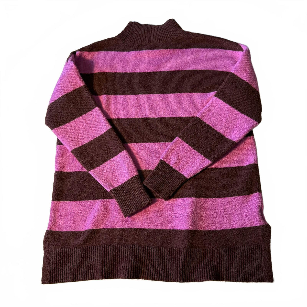 LOFT Gilmore Girls Fisherman Cozy Preppy Striped Mock Neck Sweater Pink & Brown