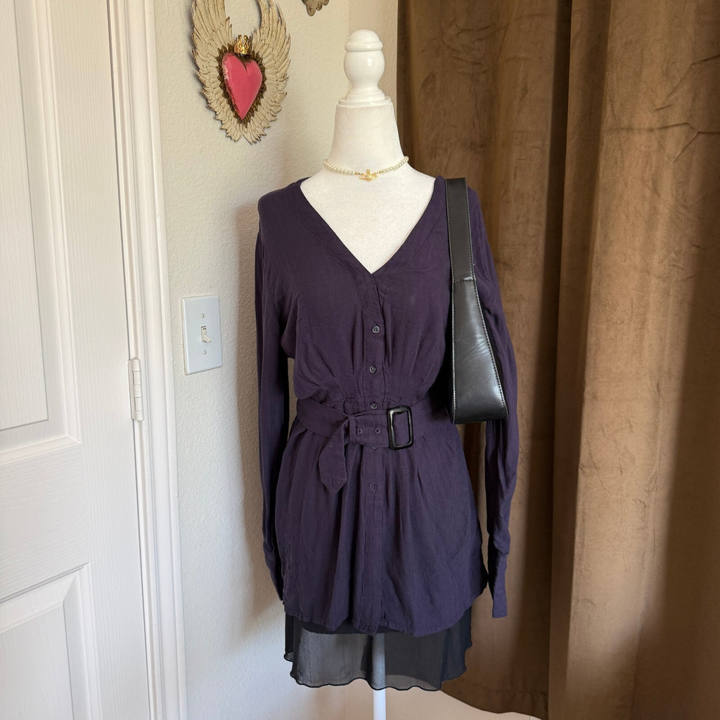Free People Back in the Spotlight Belted Tunic Top Navy V-Neck Size M
