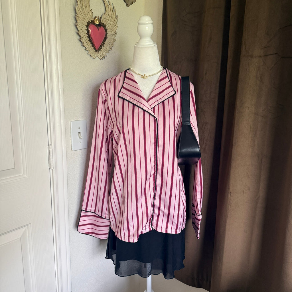 Y2K Pink Striped Satin Pajama Shirt Contrast Piping Uniqlo Jeans