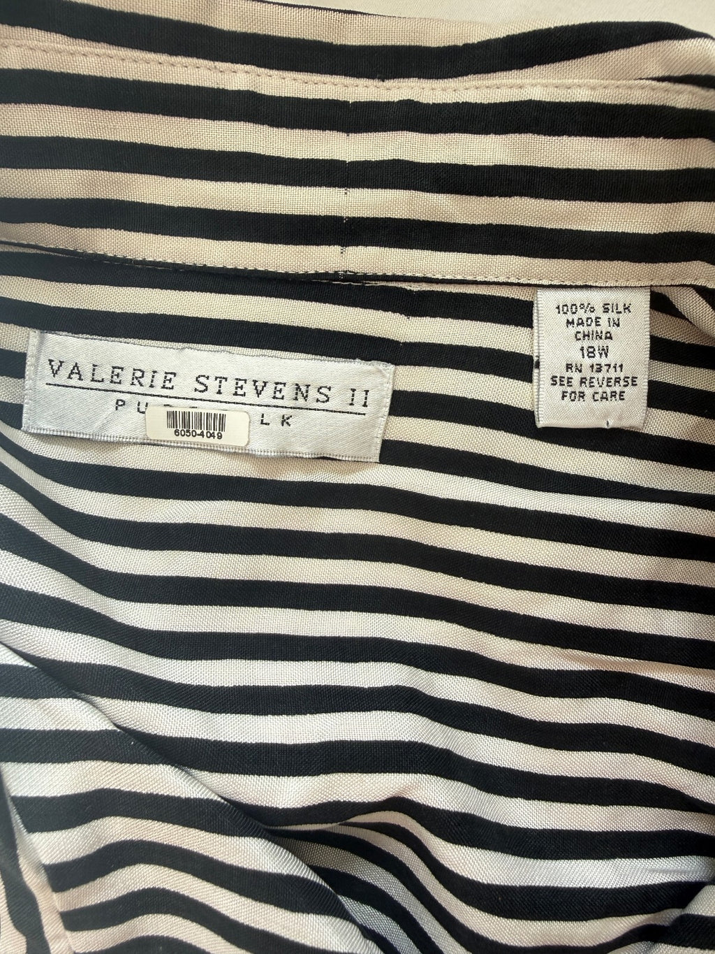 Valerie Stevens II Women's 18W Black and White Vertical Stripe Silk Blouse, Long