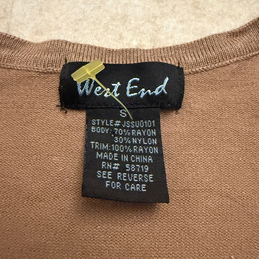 West End Brown Rayon Nylon Blend Long Sleeve Sweater with Crochet Trim, Size S