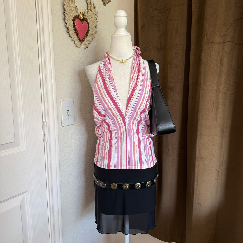 Loft Pink and White Striped Halter Top Cotton Blend Women's Sz M