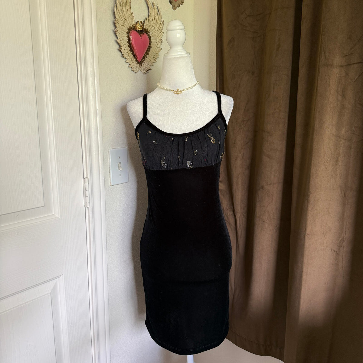 Vintage Rampage Y2K 1990s Black Velvet Slip Dress Floral Mesh Bodice Sz Small